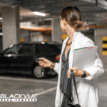 Woman locking car and leaving it in car park protected with BlackVue Dash Camera
